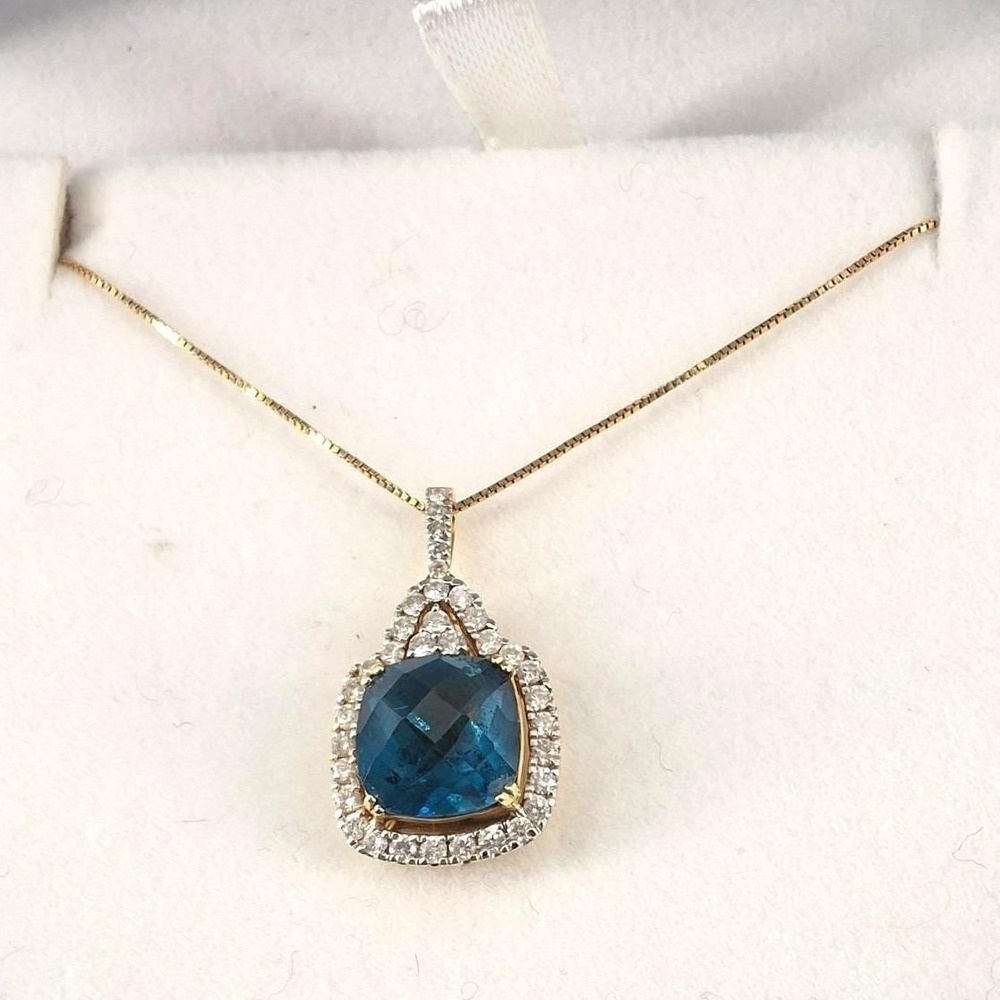BW 14K Gold London Blue Topaz 35 Diamond Halo Pendant on 14K Gold Chain 18" RCI